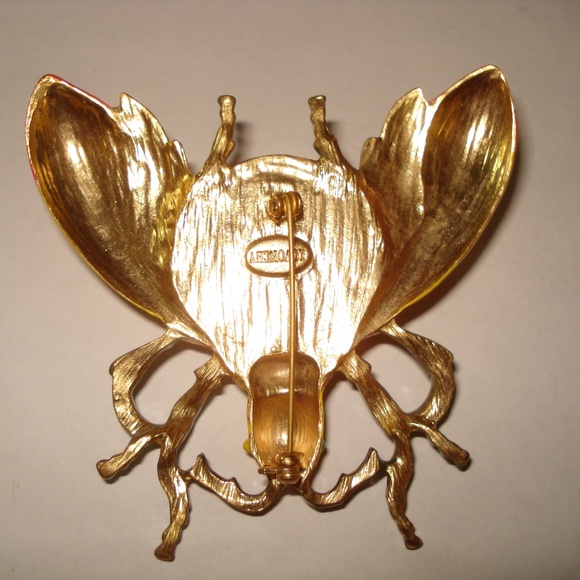 Large Gold Tone Enamel Rhinestone Red Glass Jelly Belly Bee Brooch Pin KOVONCHY - Picture 2 of 3